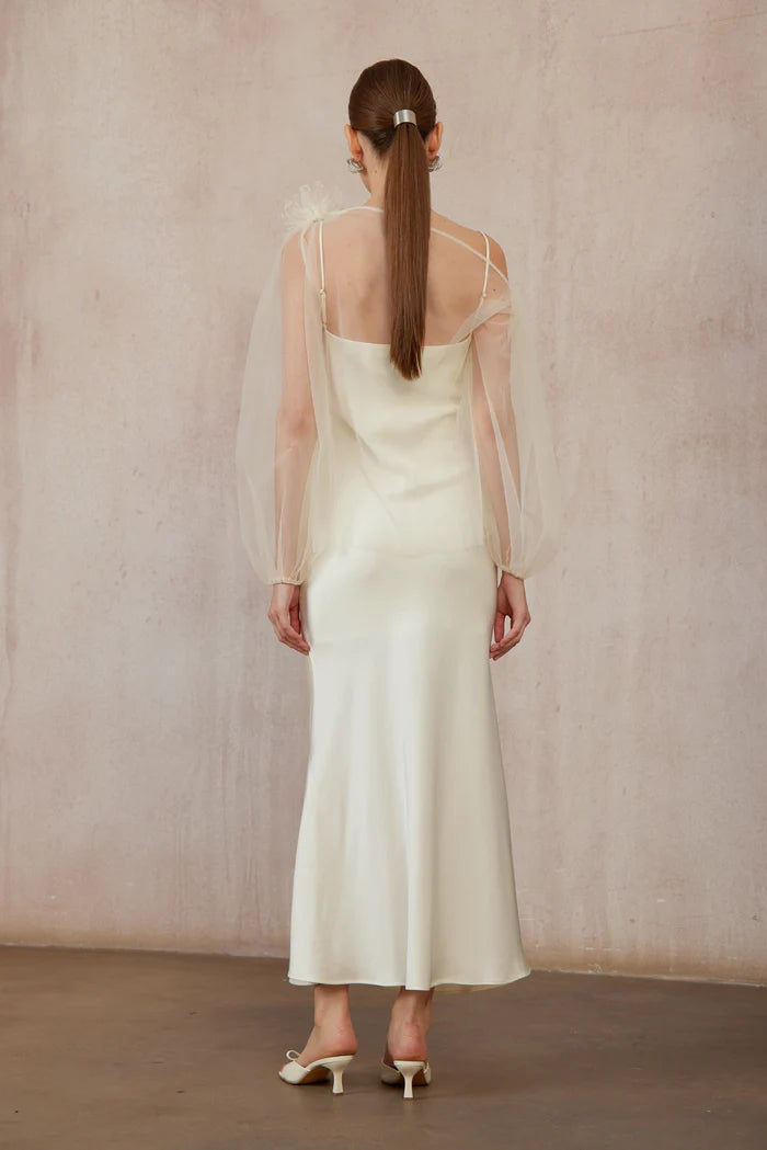 Chic Mermaid Straight Neckline Spaghetti Strap Sheer Puff Sleeve Floor Length Evening Dress