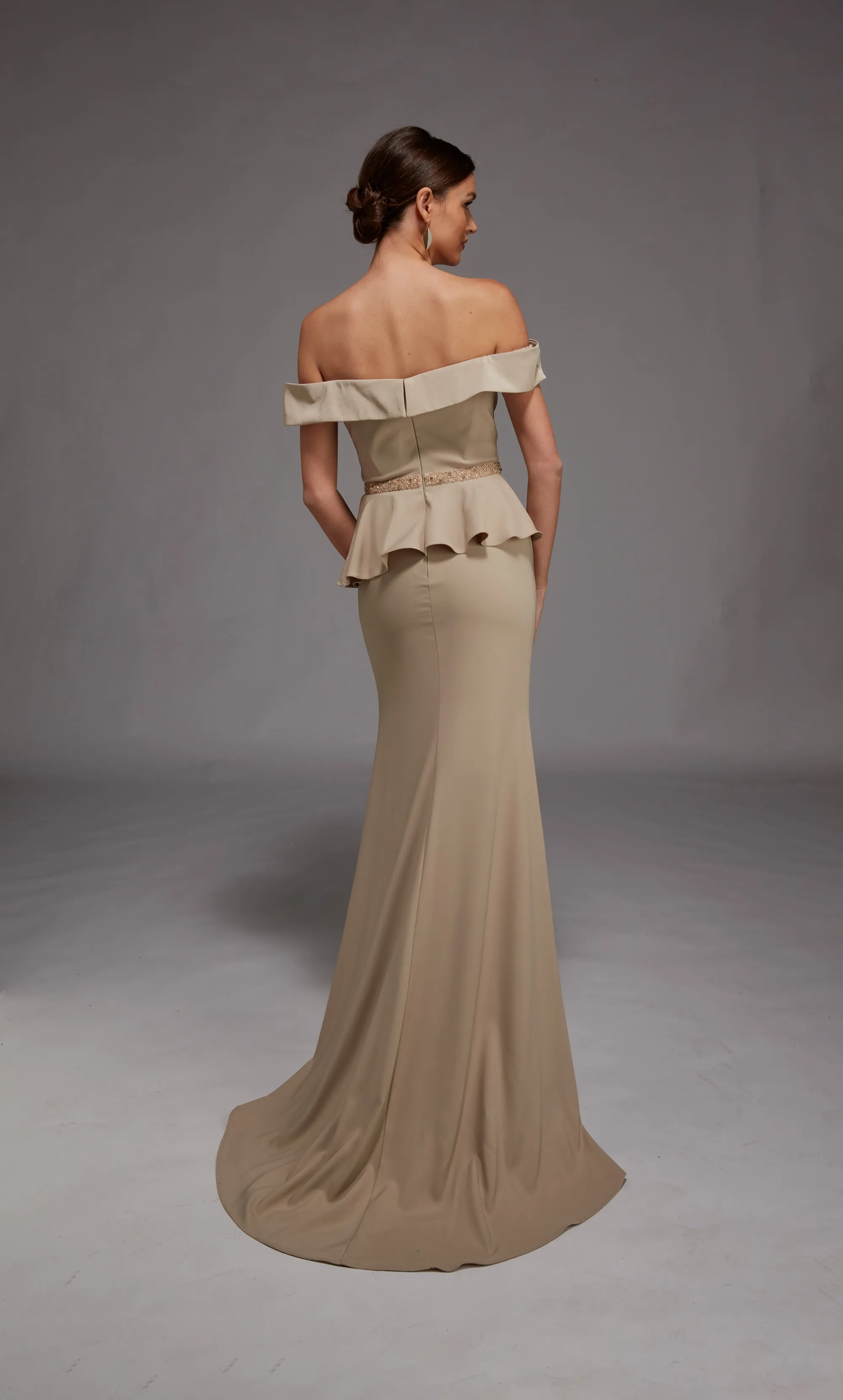 Chic Off-the-Shoulder Peplum Waist Beaded Belt Slit Crepe Mermaid Mother of the Bride Dresses