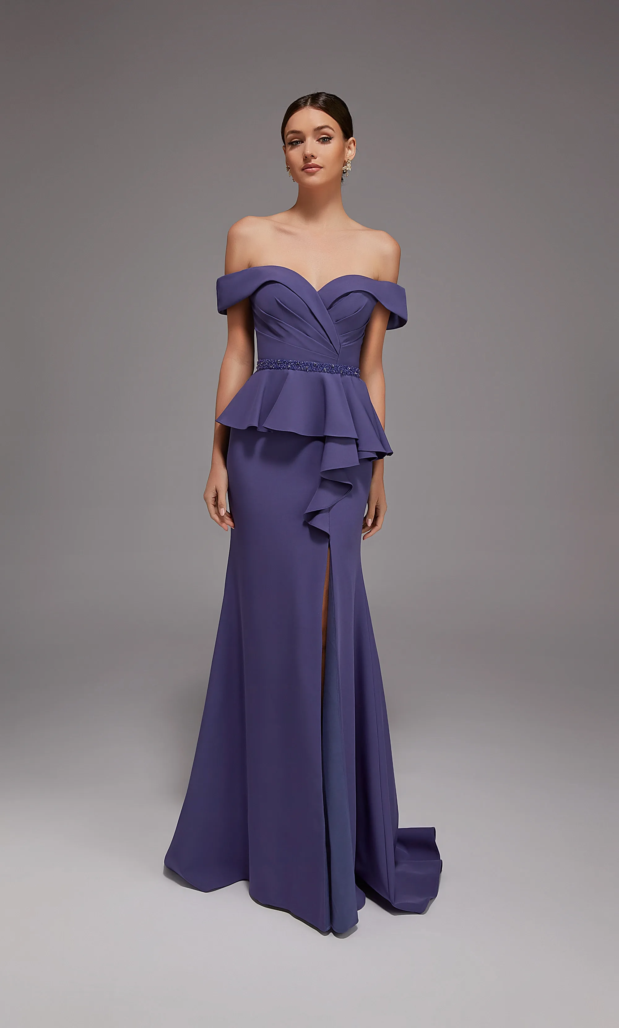 Chic Off-the-Shoulder Peplum Waist Beaded Belt Slit Crepe Mermaid Mother of the Bride Dresses