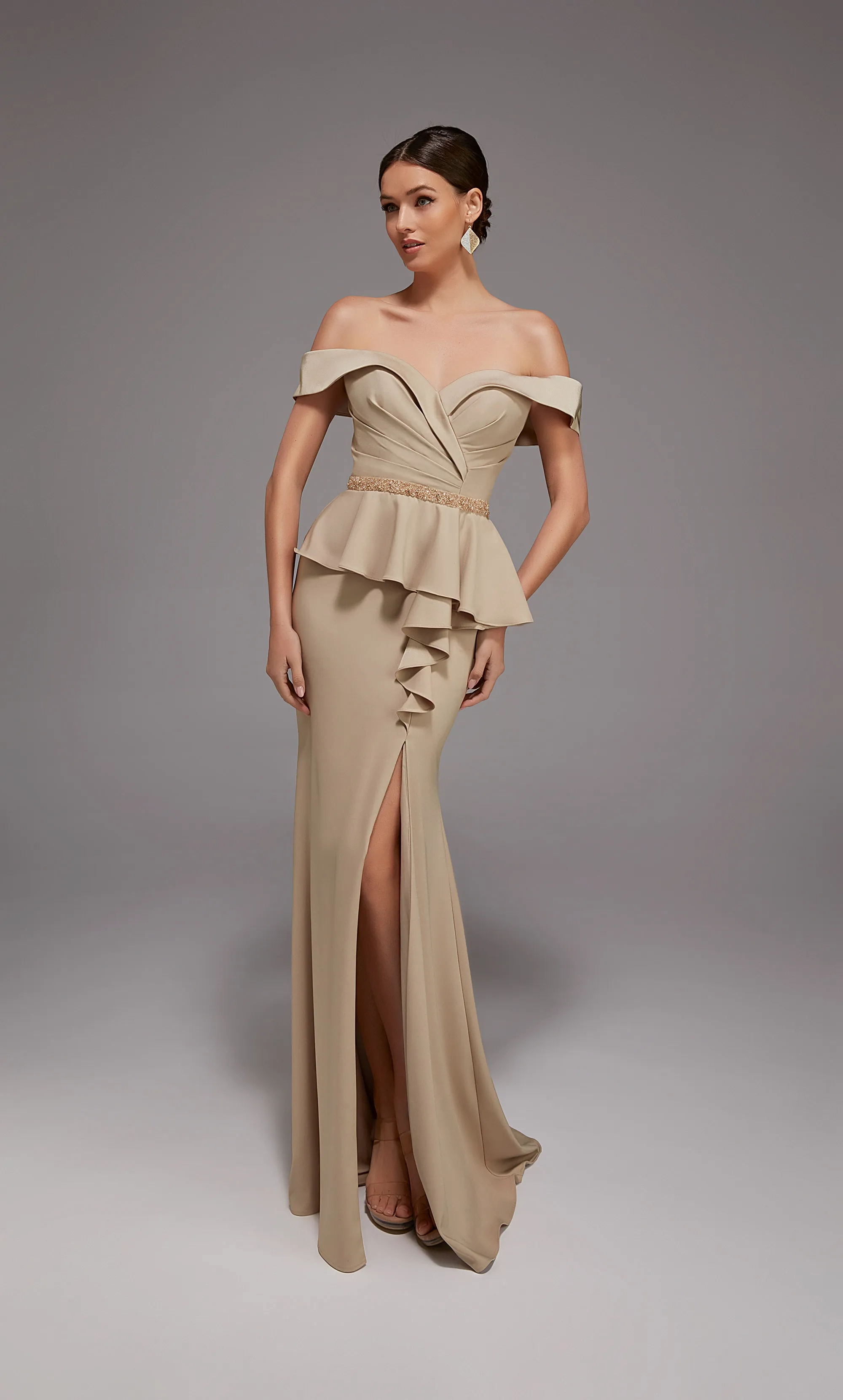 Chic Off-the-Shoulder Peplum Waist Beaded Belt Slit Crepe Mermaid Mother of the Bride Dresses