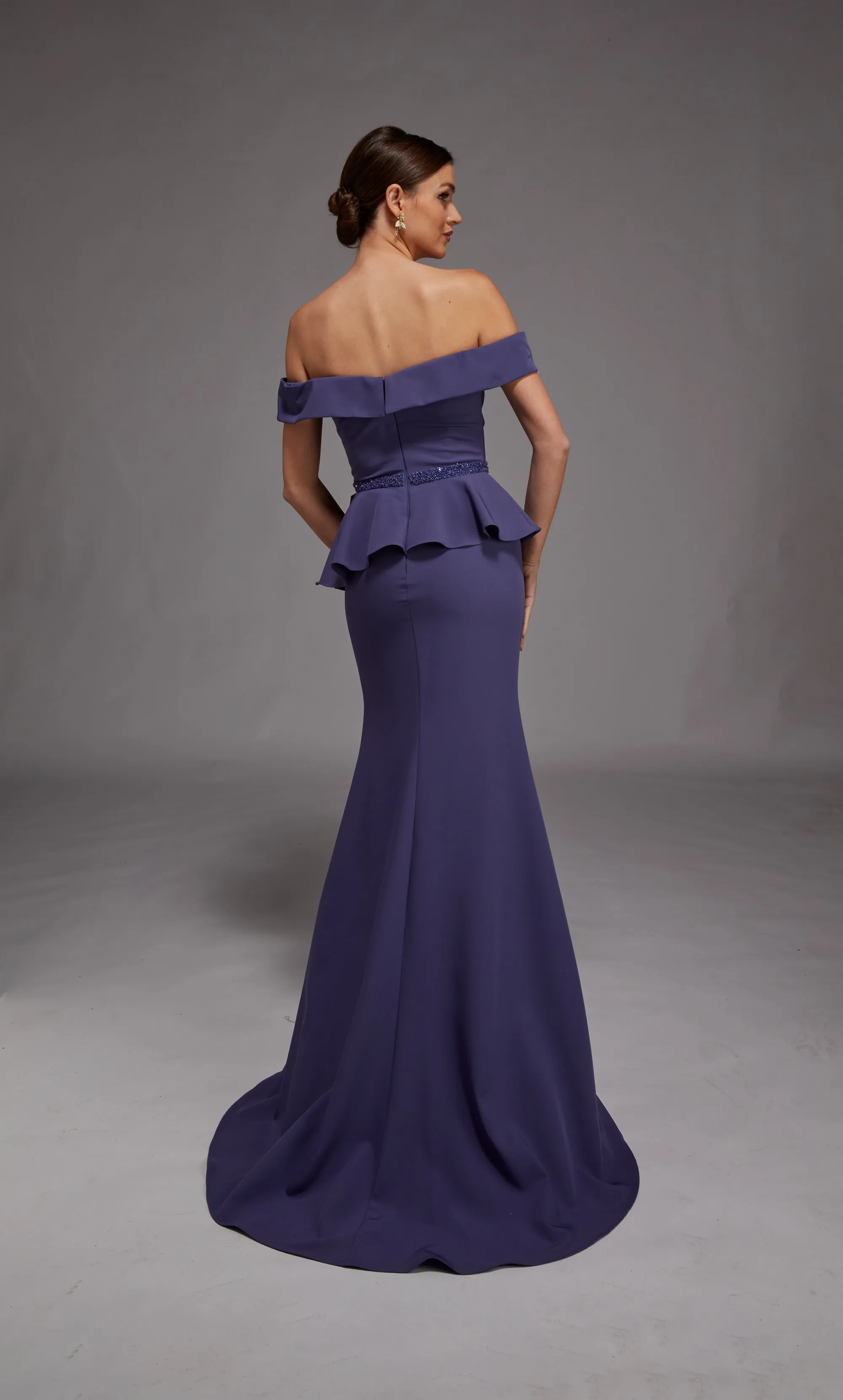 Chic Off-the-Shoulder Peplum Waist Beaded Belt Slit Crepe Mermaid Mother of the Bride Dresses