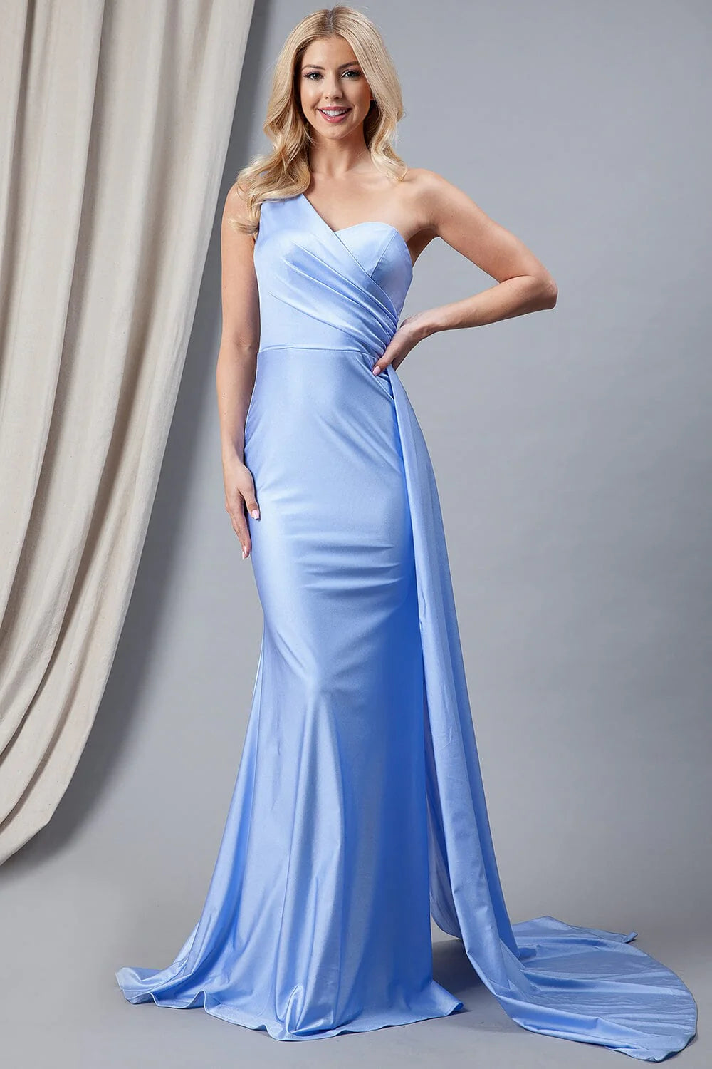 Chic One-Shoulder Ruched Satin Mermaid Floor-Length Evening Dress
