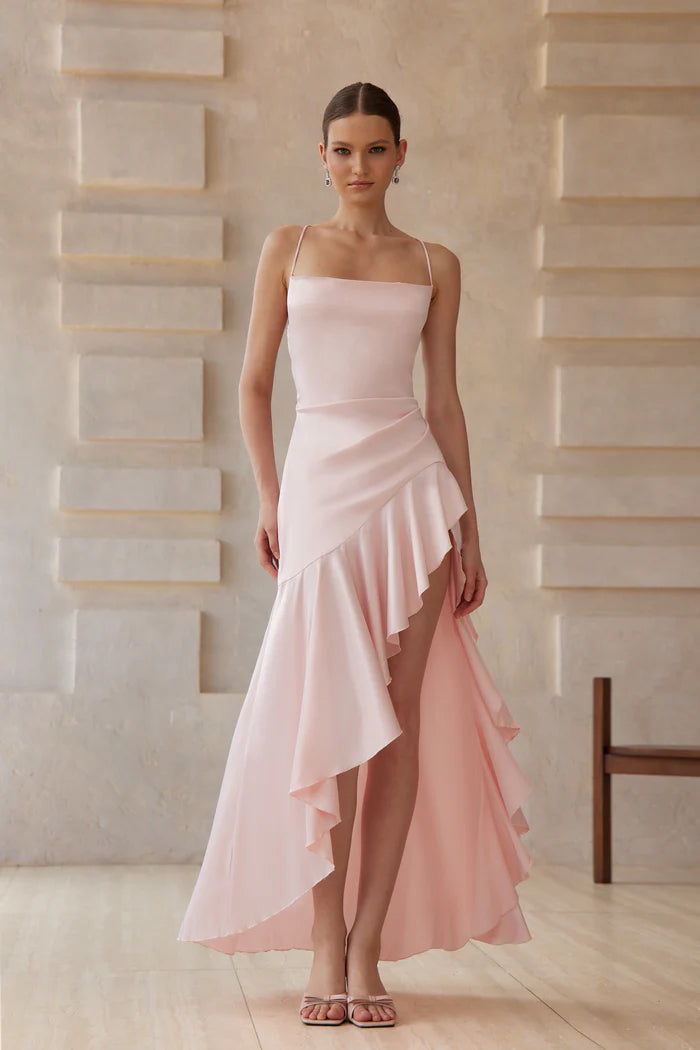Chic Pink Asymmetrical Ruffle Spaghetti Strap Cross Back Floor Length Evening Dresses