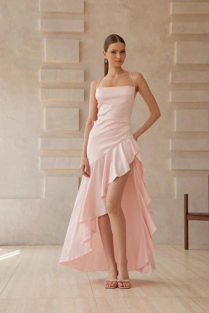 Chic Pink Asymmetrical Ruffle Spaghetti Strap Cross Back Floor Length Evening Dresses