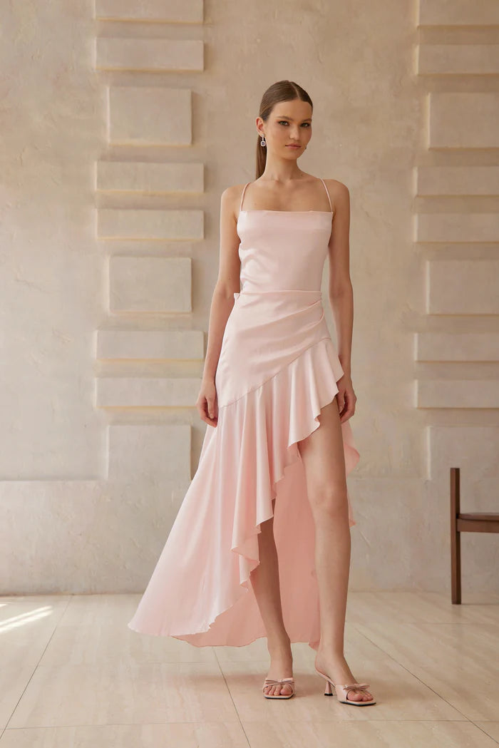 Chic Pink Asymmetrical Ruffle Spaghetti Strap Cross Back Floor Length Evening Dresses