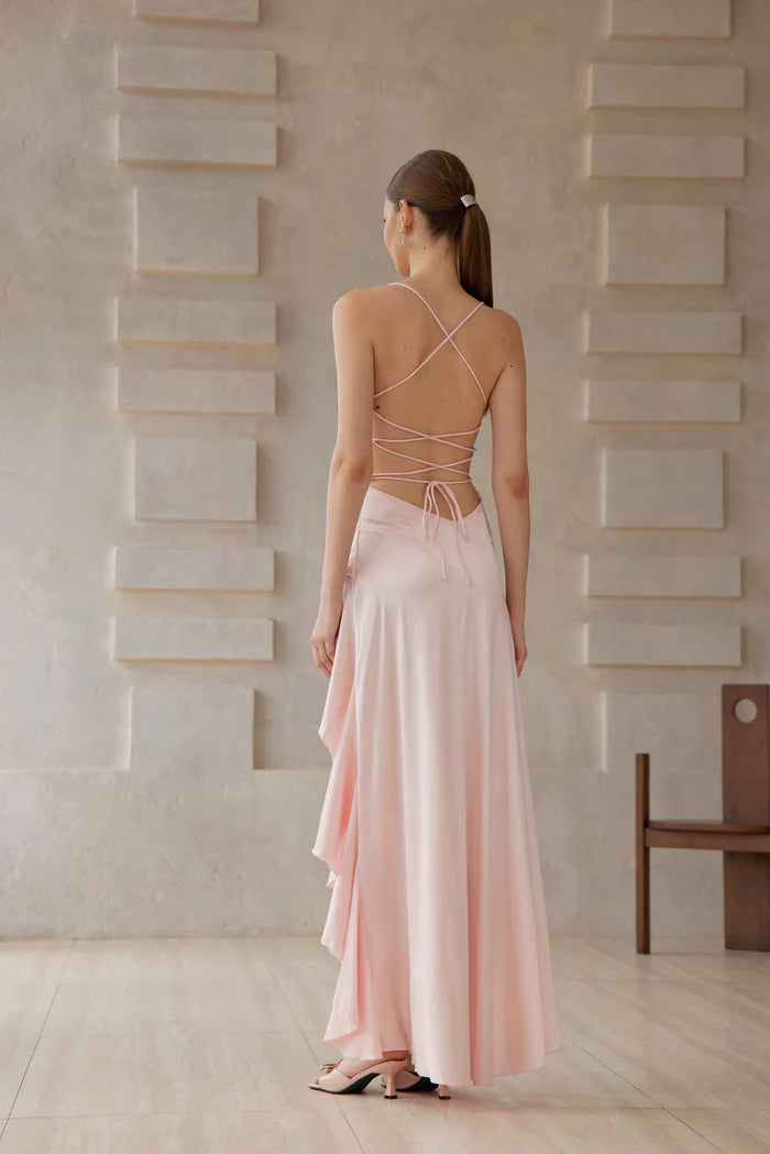 Chic Pink Asymmetrical Ruffle Spaghetti Strap Cross Back Floor Length Evening Dresses