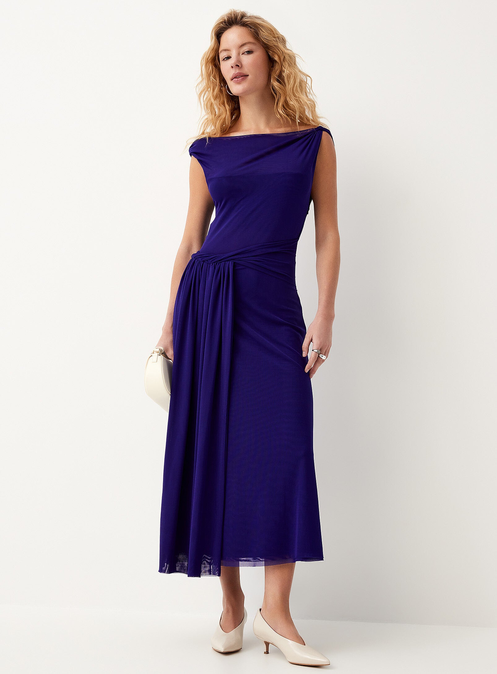 Chic Purple Mesh Midi Asymmetrical Boat Neck Sleeveless Ruched Waist Evening Dress