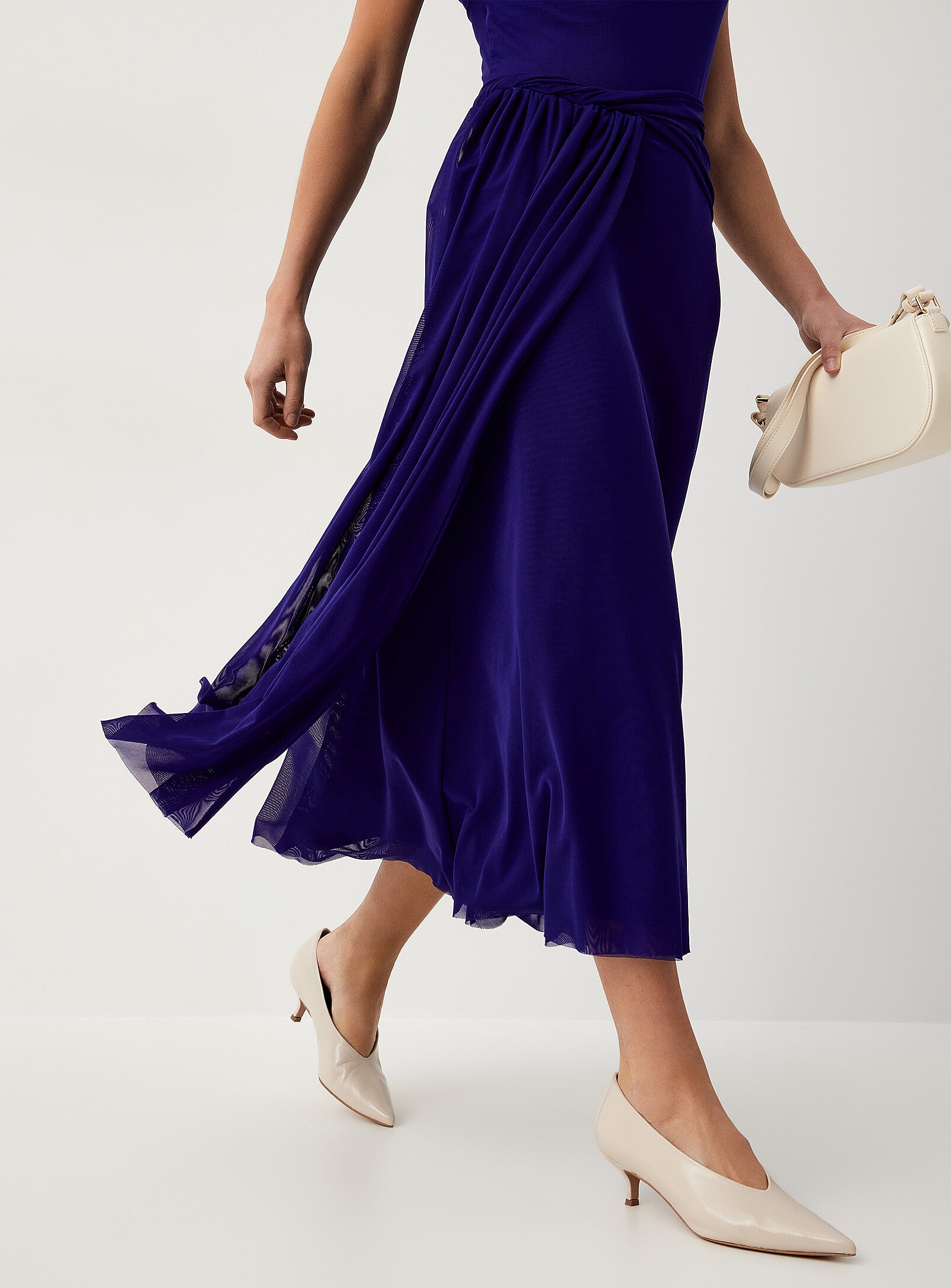 Chic Purple Mesh Midi Asymmetrical Boat Neck Sleeveless Ruched Waist Evening Dress