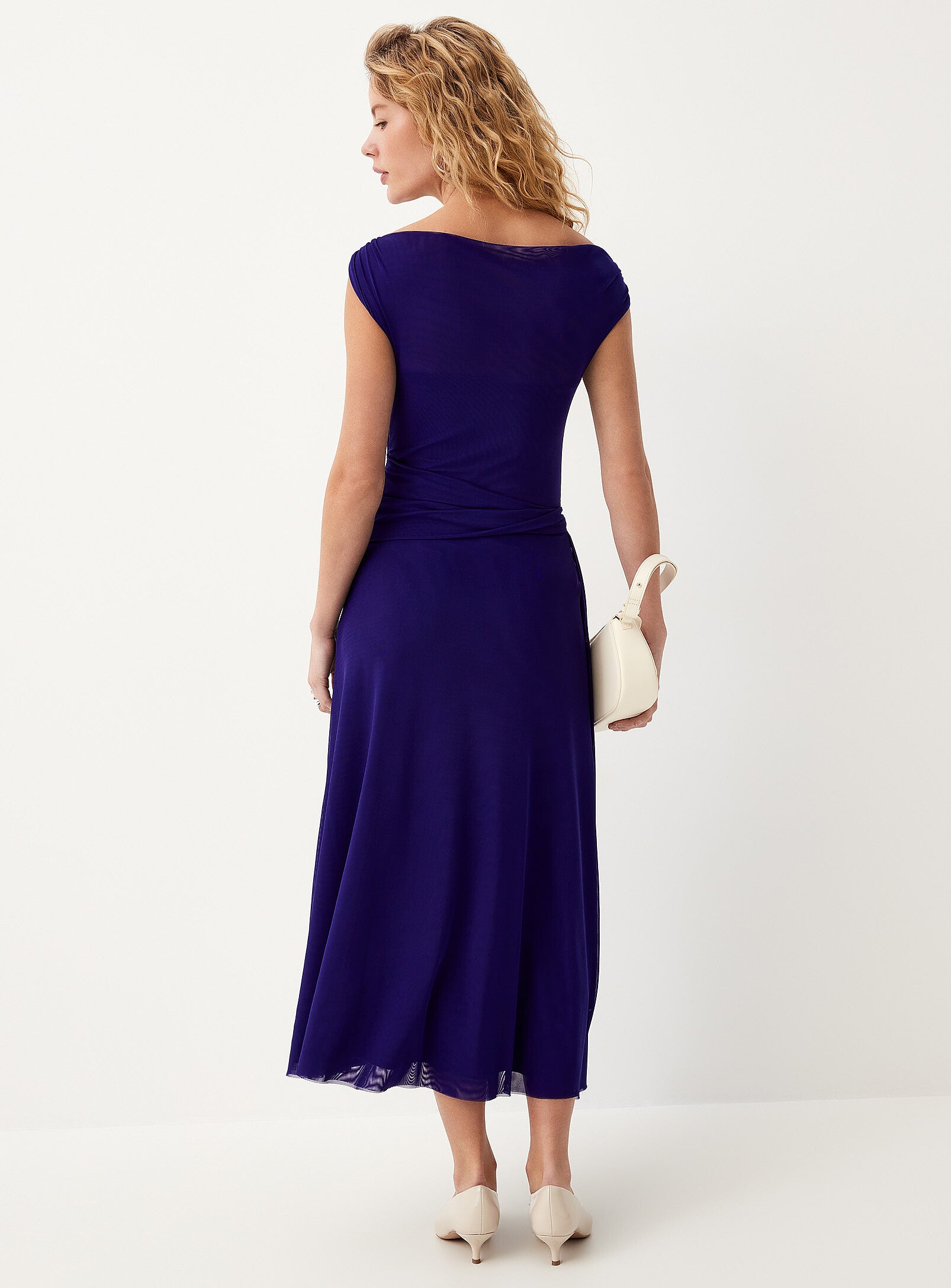 Chic Purple Mesh Midi Asymmetrical Boat Neck Sleeveless Ruched Waist Evening Dress