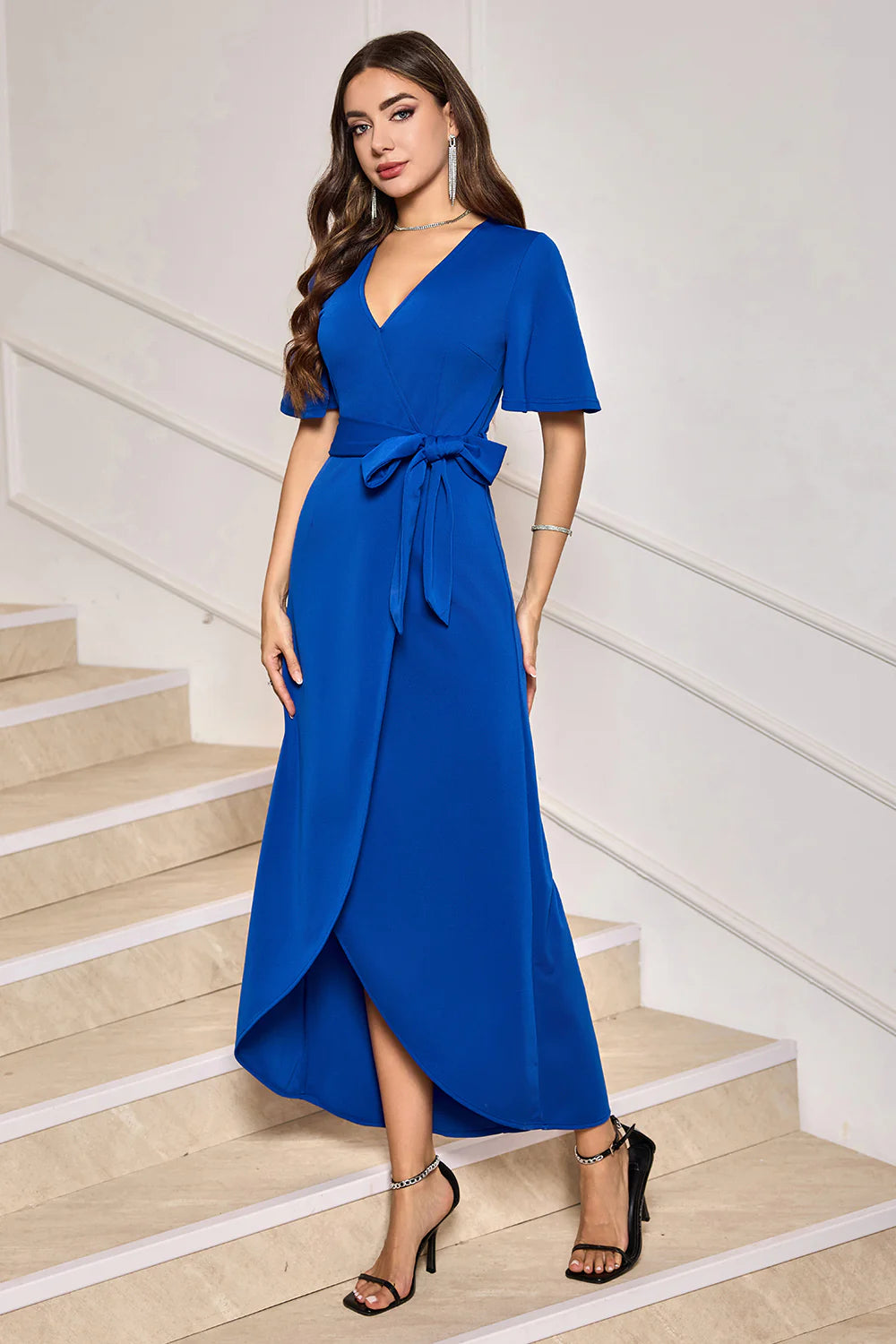 Chic Royal Blue Crepe A-Line V-Neck Flutter Sleeve Tie Waist Maxi Mother of the Bride Dresses