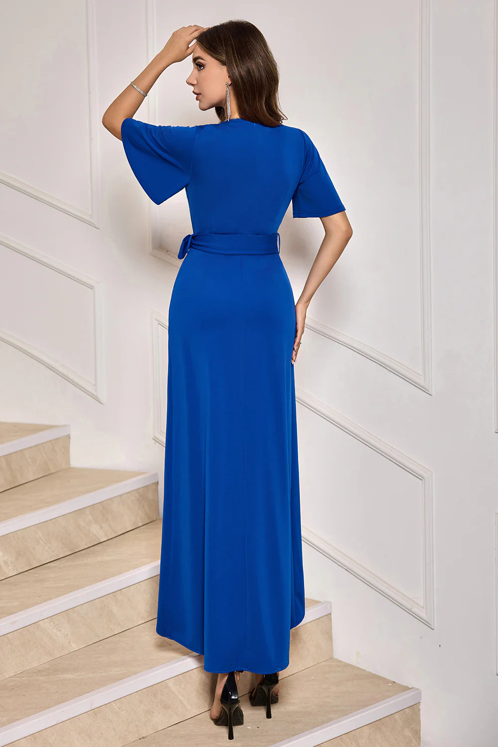 Chic Royal Blue Crepe A-Line V-Neck Flutter Sleeve Tie Waist Maxi Mother of the Bride Dresses
