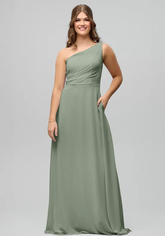 Chic Sage Green Chiffon A-Line One-Shoulder Floor-Length Bridesmaid Dress with Pockets