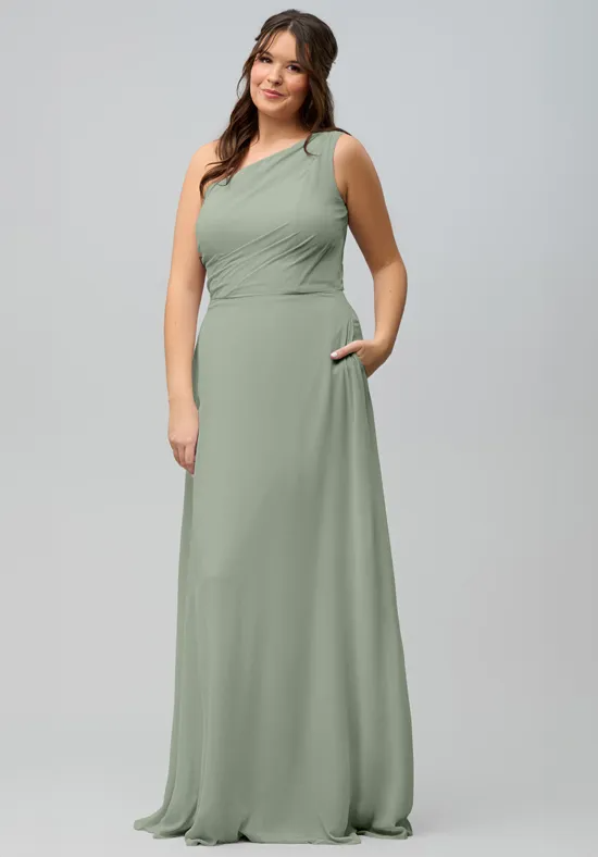 Chic Sage Green Chiffon A-Line One-Shoulder Floor-Length Bridesmaid Dress with Pockets