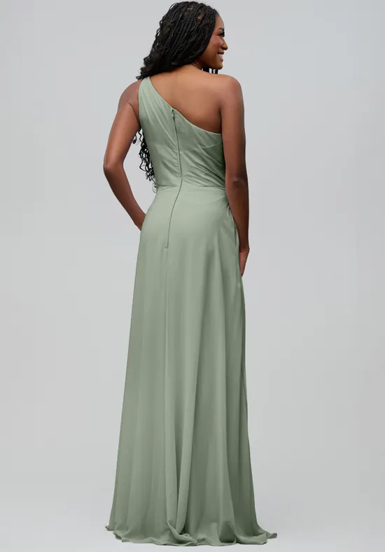 Chic Sage Green Chiffon A-Line One-Shoulder Floor-Length Bridesmaid Dress with Pockets
