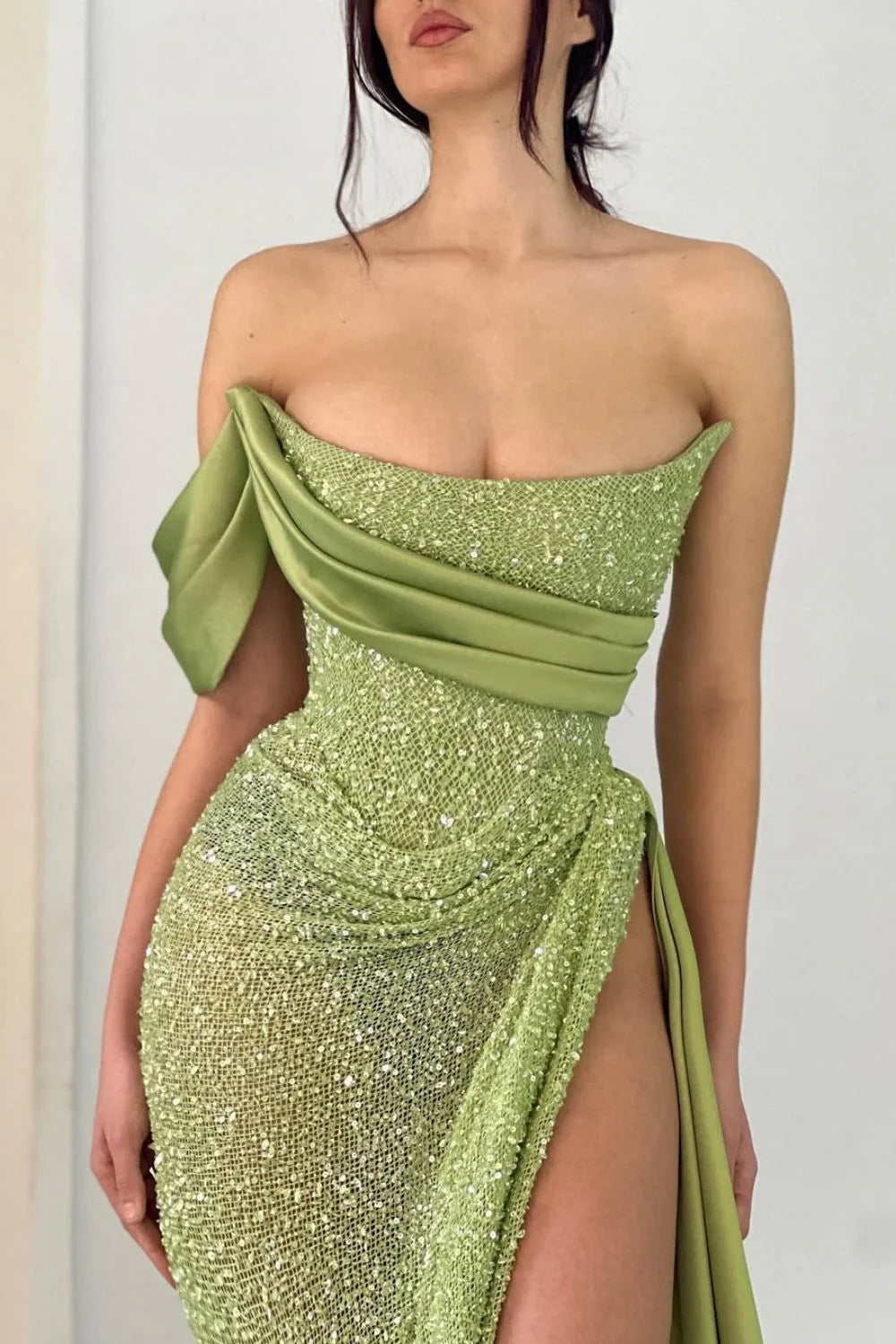 Chic Sage Green Mermaid Off The Shoulder Long Formal Dress