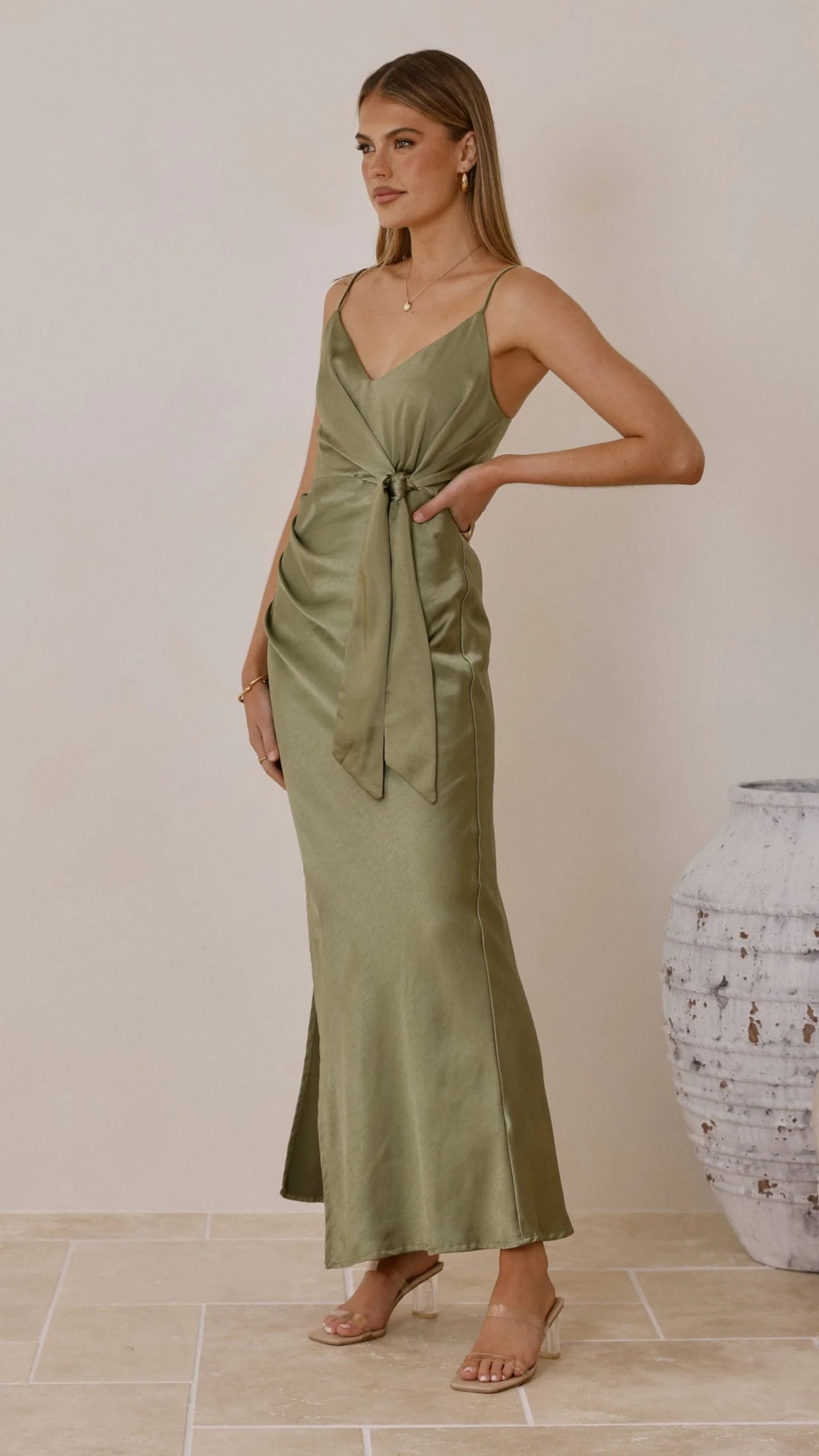 Chic Satin Mermaid V-Neck Spaghetti Straps Tie Waist High Slit Zipper Back Maxi Formal Evening Dresses