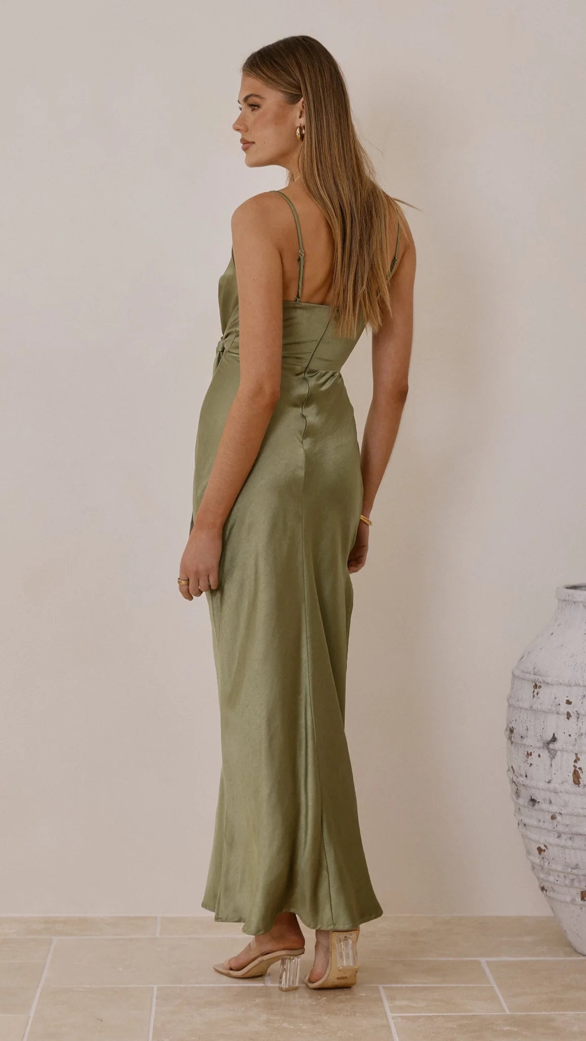 Chic Satin Mermaid V-Neck Spaghetti Straps Tie Waist High Slit Zipper Back Maxi Formal Evening Dresses