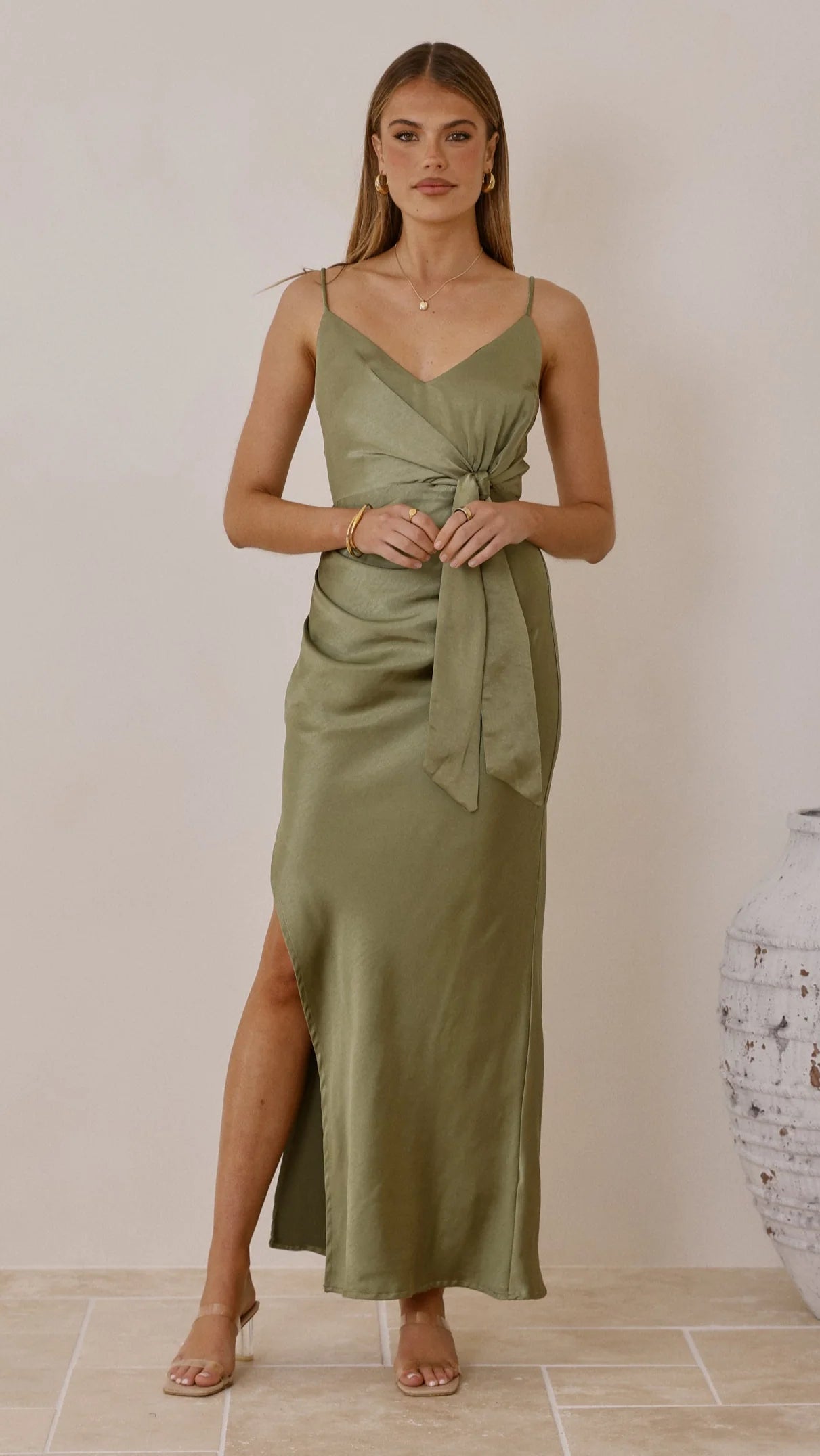 Chic Satin Mermaid V-Neck Spaghetti Straps Tie Waist High Slit Zipper Back Maxi Formal Evening Dresses