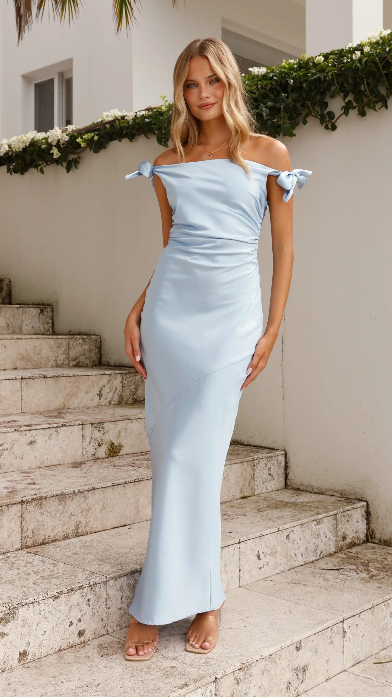 Chic Satin Sheath Bow Detail Off-the-Shoulder Spaghetti Straps Zipper Back Floor-Length Maxi Formal Evening Dresses