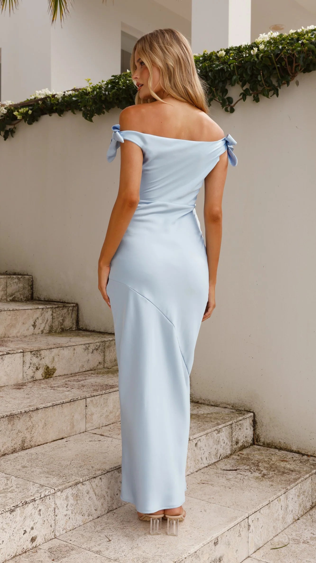 Chic Satin Sheath Bow Detail Off-the-Shoulder Spaghetti Straps Zipper Back Floor-Length Maxi Formal Evening Dresses
