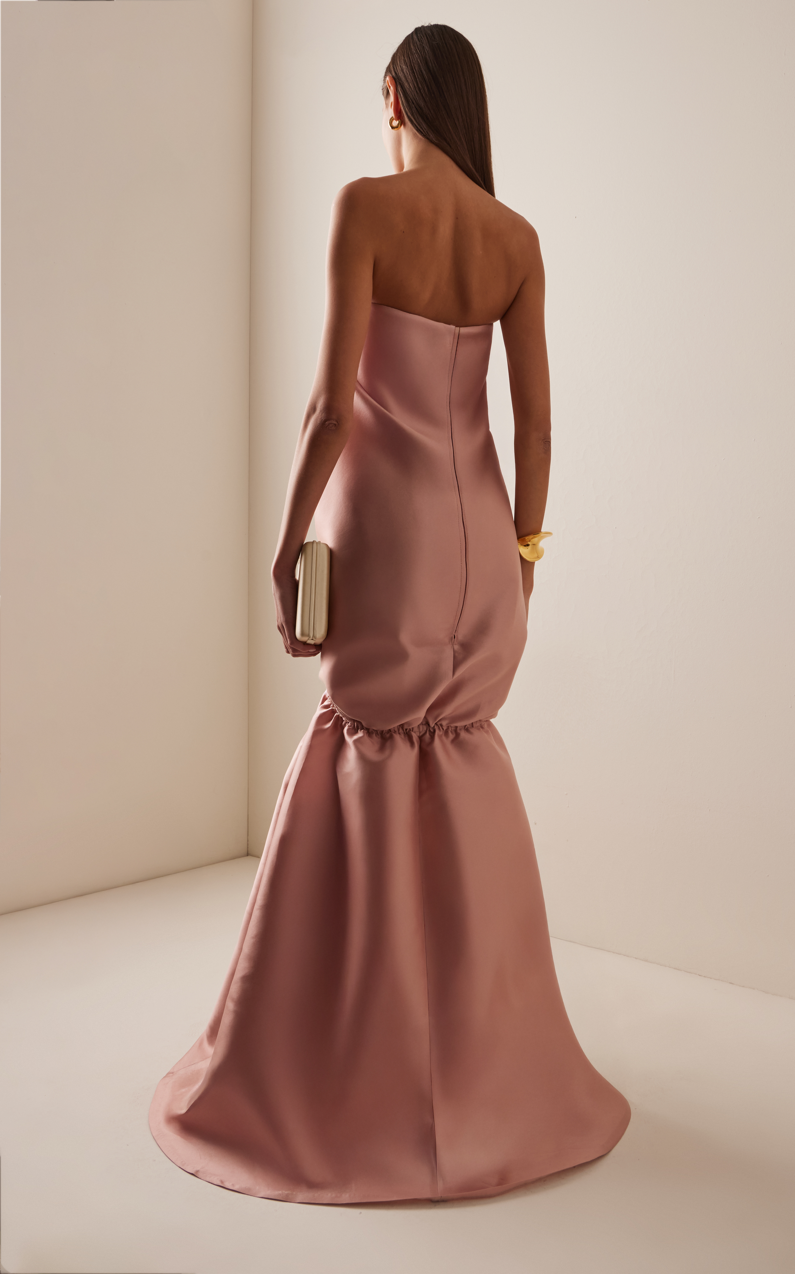 Chic Satin Strapless Straight Neck Sleeveless Back Zip Maxi Evening Gown