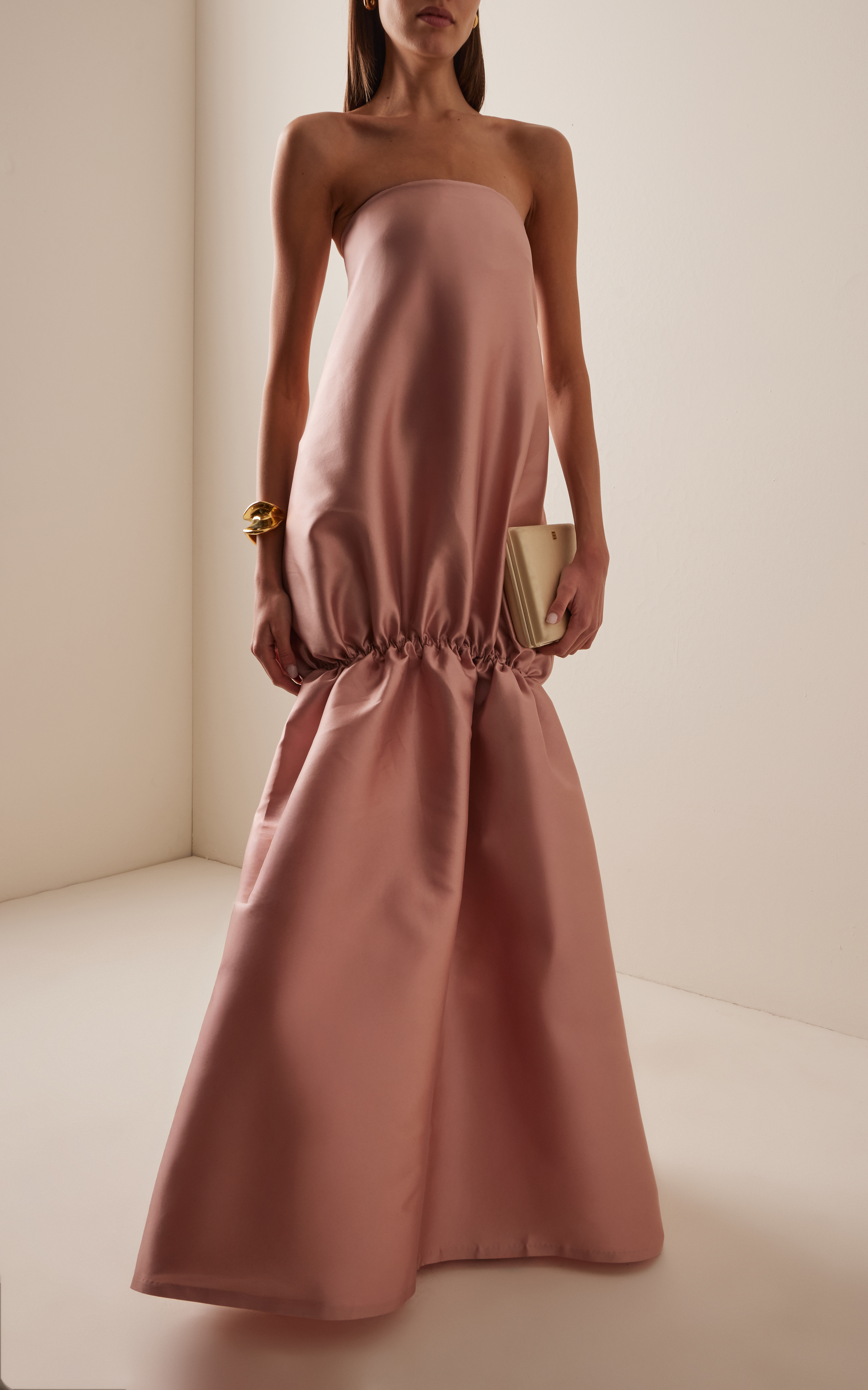 Chic Satin Strapless Straight Neck Sleeveless Back Zip Maxi Evening Gown