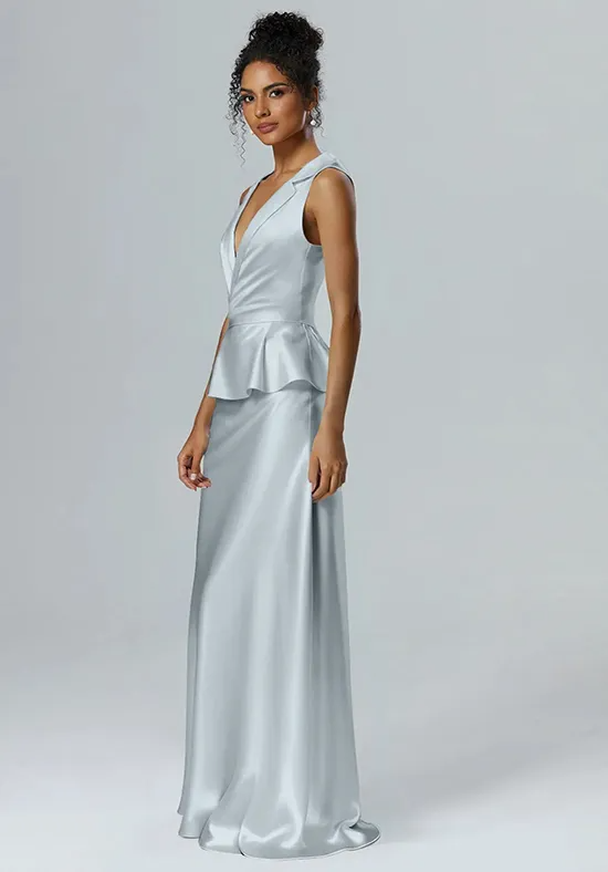 Chic Silver Satin Peplum Mermaid Bridesmaid Dress with V-Neck Collar
