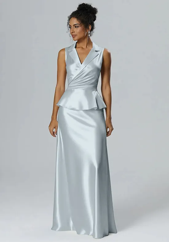 Chic Silver Satin Peplum Mermaid Bridesmaid Dress with V-Neck Collar