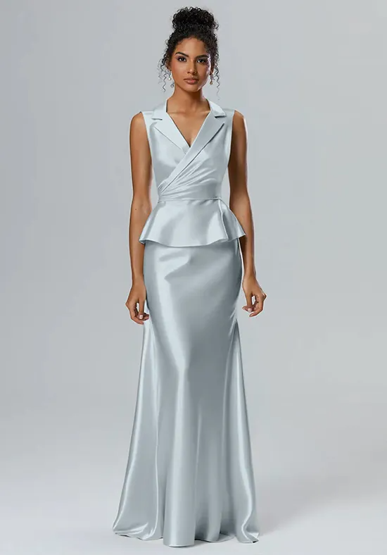 Chic Silver Satin Peplum Mermaid Bridesmaid Dress with V-Neck Collar