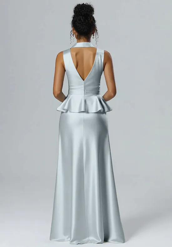 Chic Silver Satin Peplum Mermaid Bridesmaid Dress with V-Neck Collar