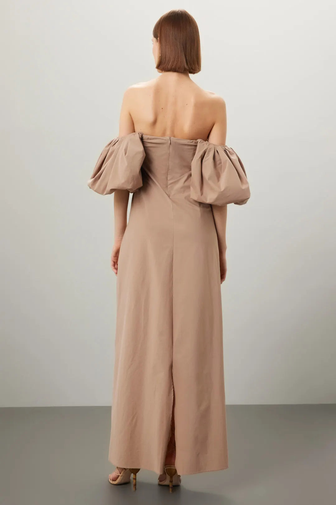 Chic Solid Cotton Maxi Off-the-Shoulder Puff Sleeve Bow Detail Evening Dresses