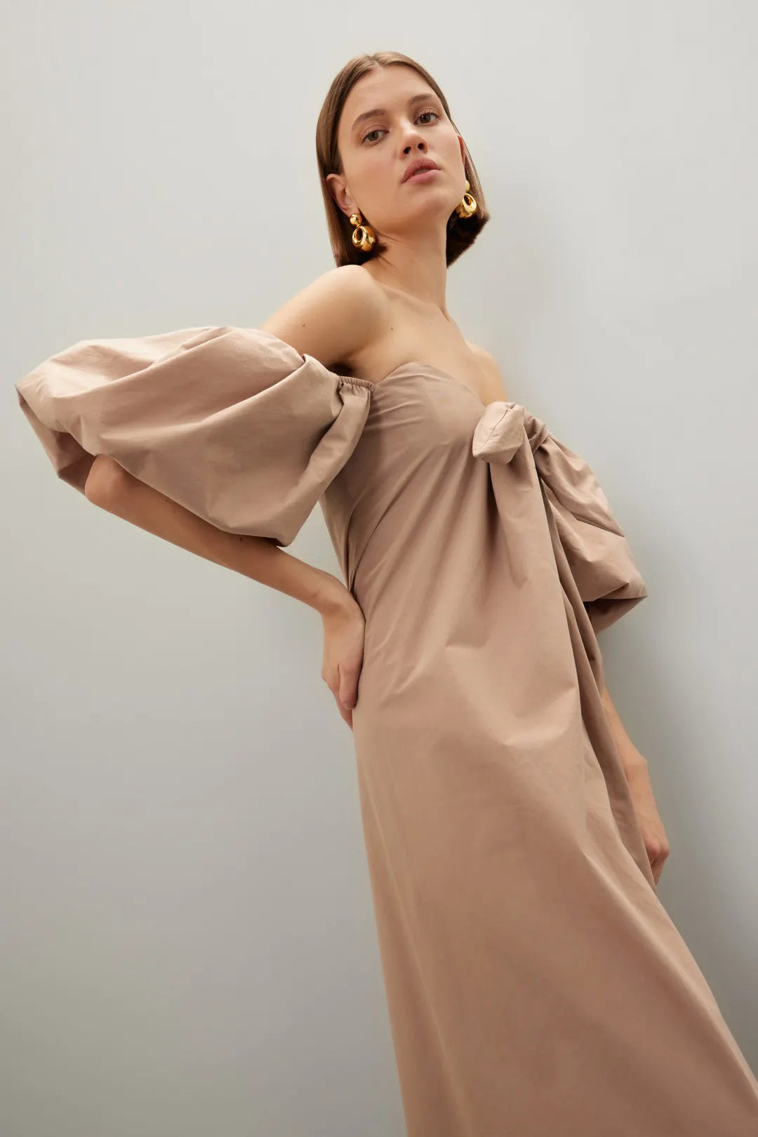 Chic Solid Cotton Maxi Off-the-Shoulder Puff Sleeve Bow Detail Evening Dresses