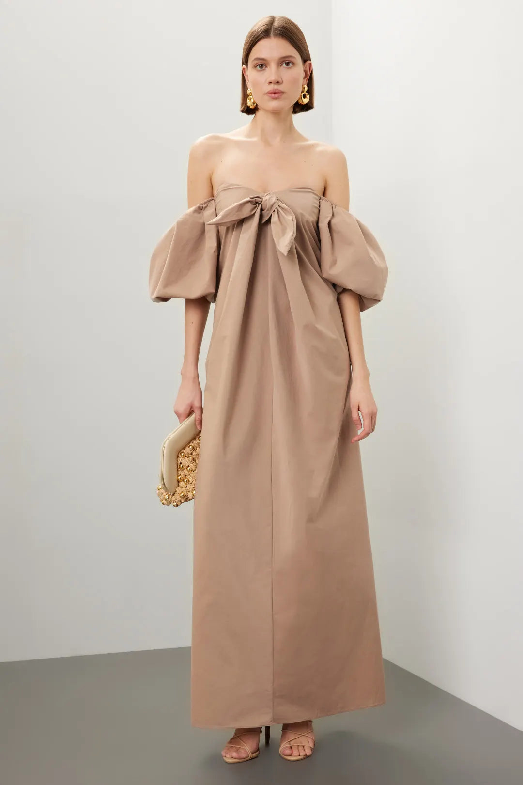 Chic Solid Cotton Maxi Off-the-Shoulder Puff Sleeve Bow Detail Evening Dresses