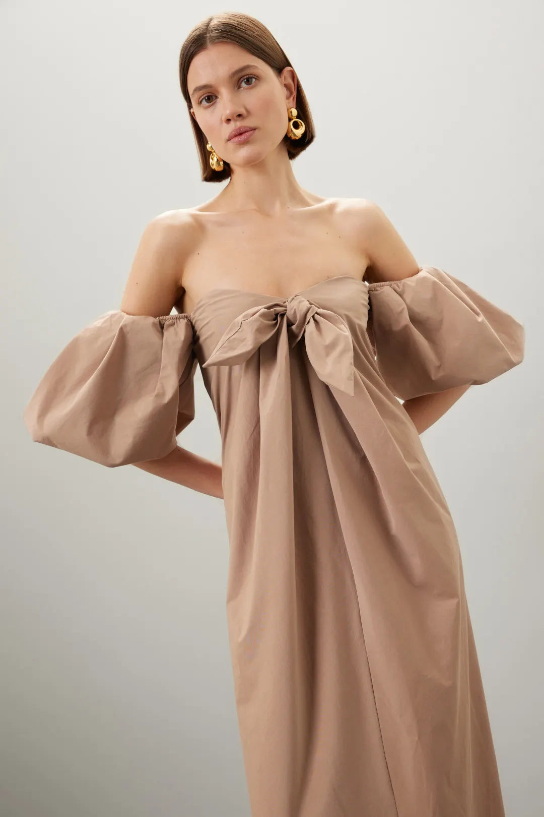 Chic Solid Cotton Maxi Off-the-Shoulder Puff Sleeve Bow Detail Evening Dresses