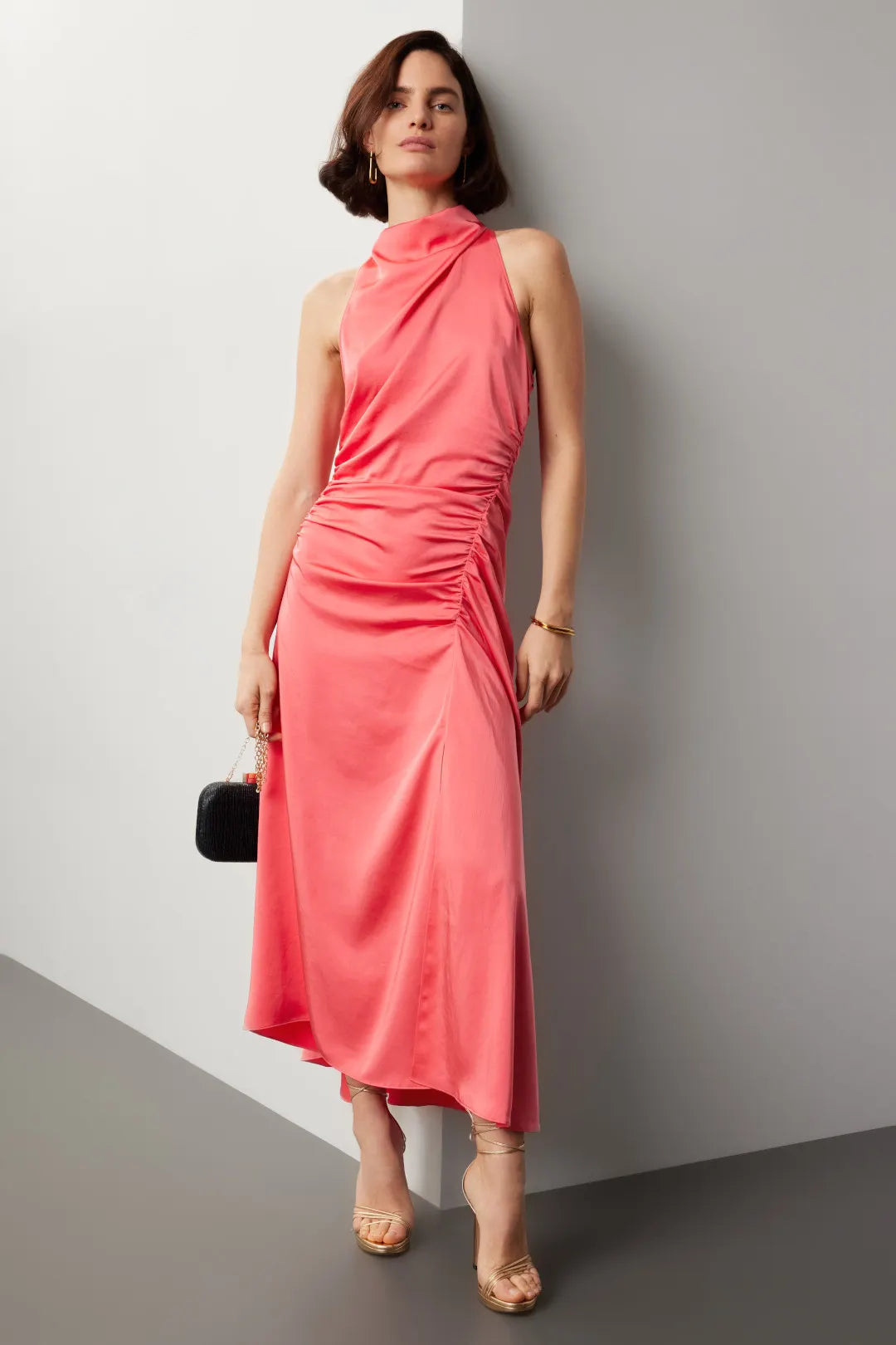 Chic Solid Satin Maxi Halter Sleeveless Ruched Detail Evening Dresses