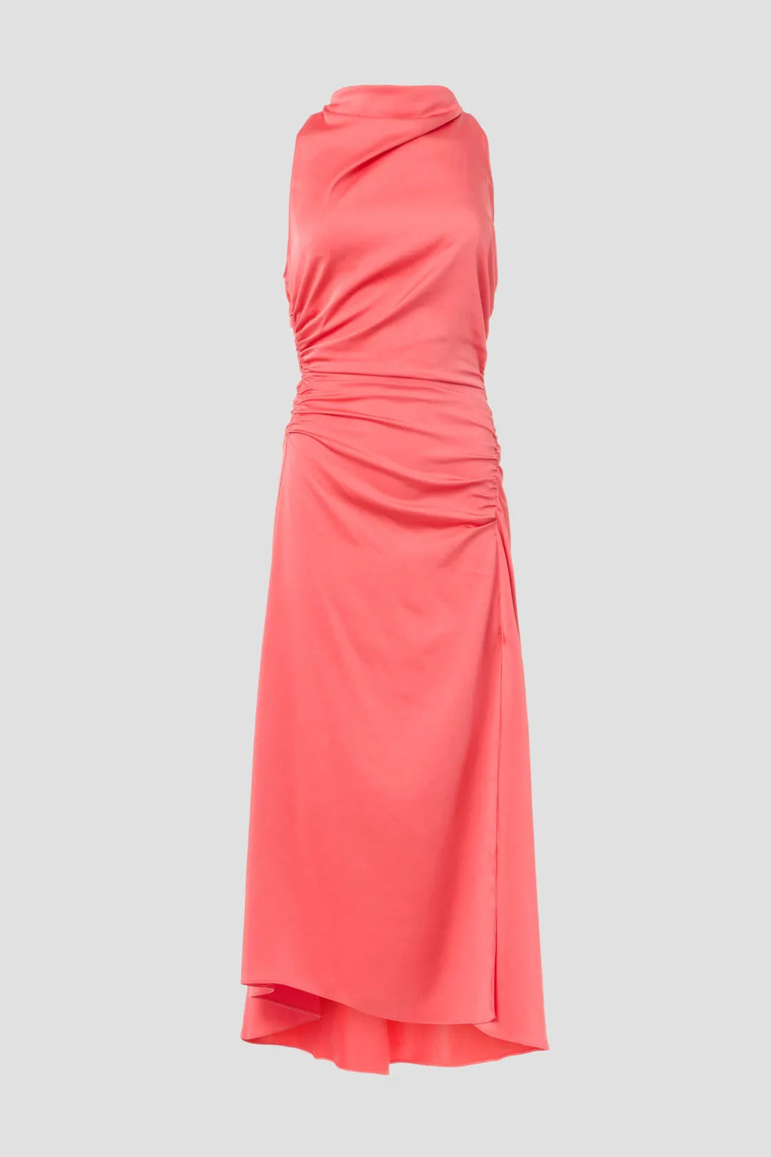 Chic Solid Satin Maxi Halter Sleeveless Ruched Detail Evening Dresses