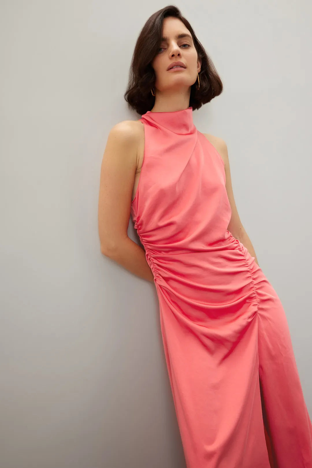 Chic Solid Satin Maxi Halter Sleeveless Ruched Detail Evening Dresses