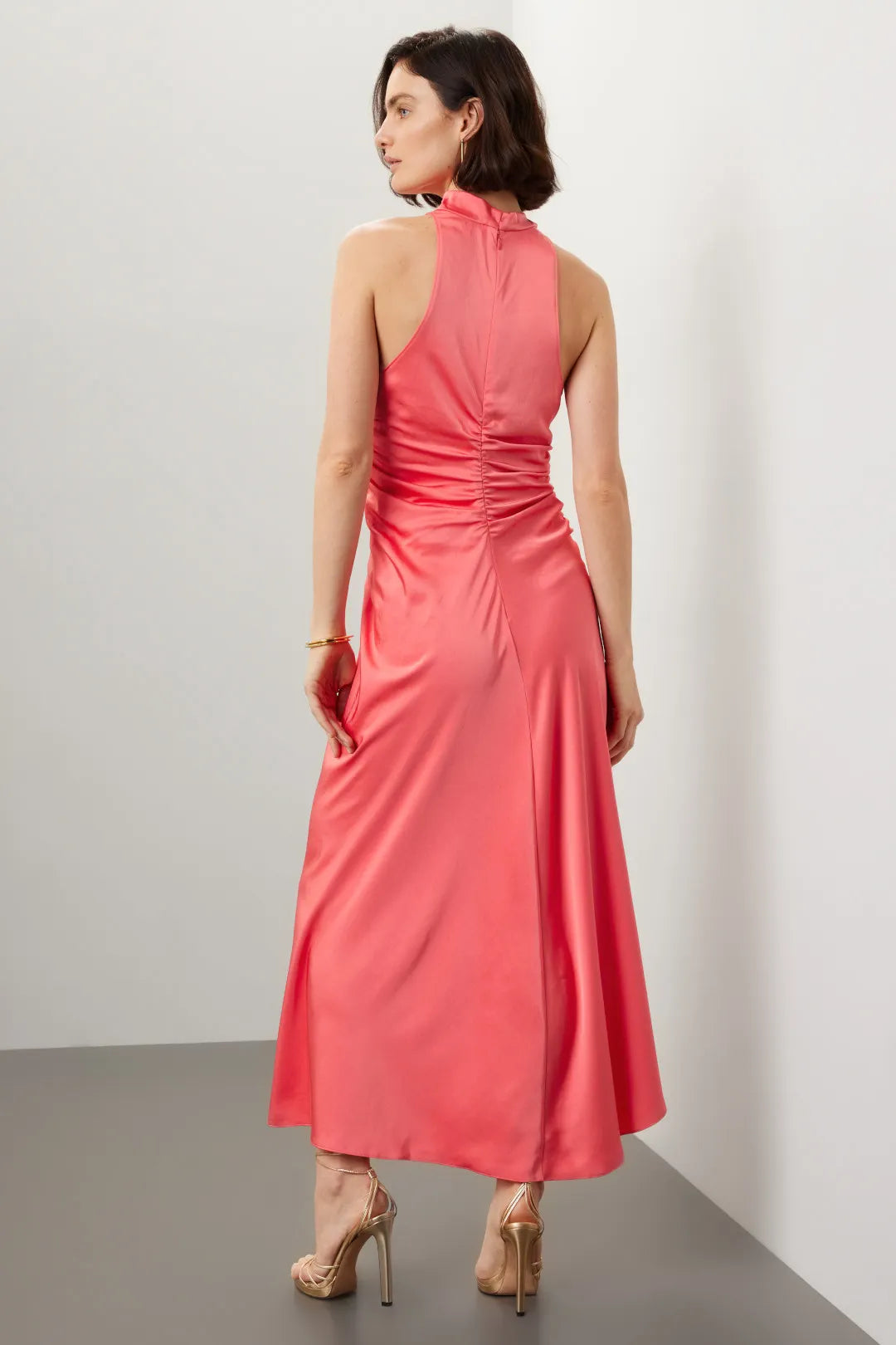 Chic Solid Satin Maxi Halter Sleeveless Ruched Detail Evening Dresses