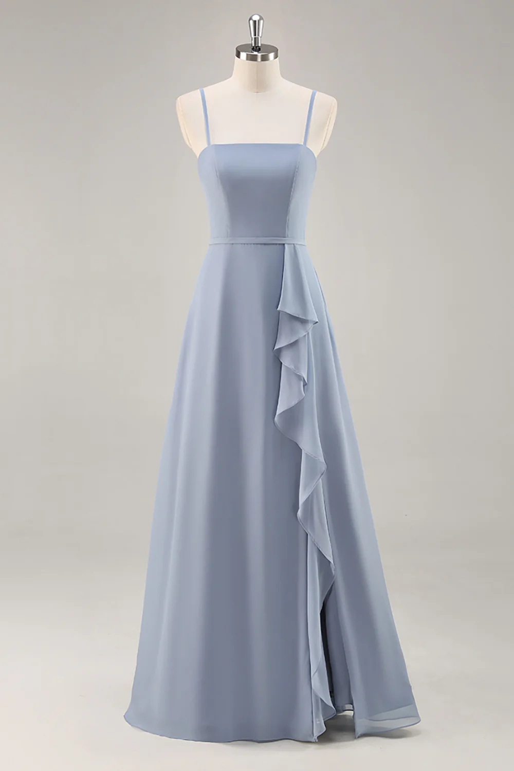Spaghetti Straps Square Neck Chiffon Bridesmaid Dress with Ruffle Slit Floor Length Formal Evening Gown