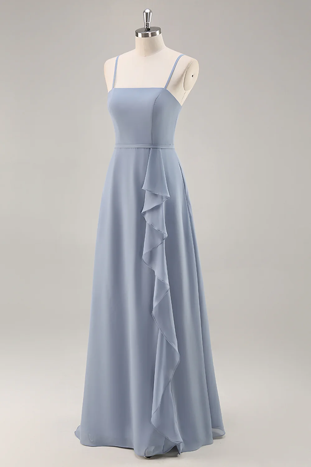 Spaghetti Straps Square Neck Chiffon Bridesmaid Dress with Ruffle Slit Floor Length Formal Evening Gown