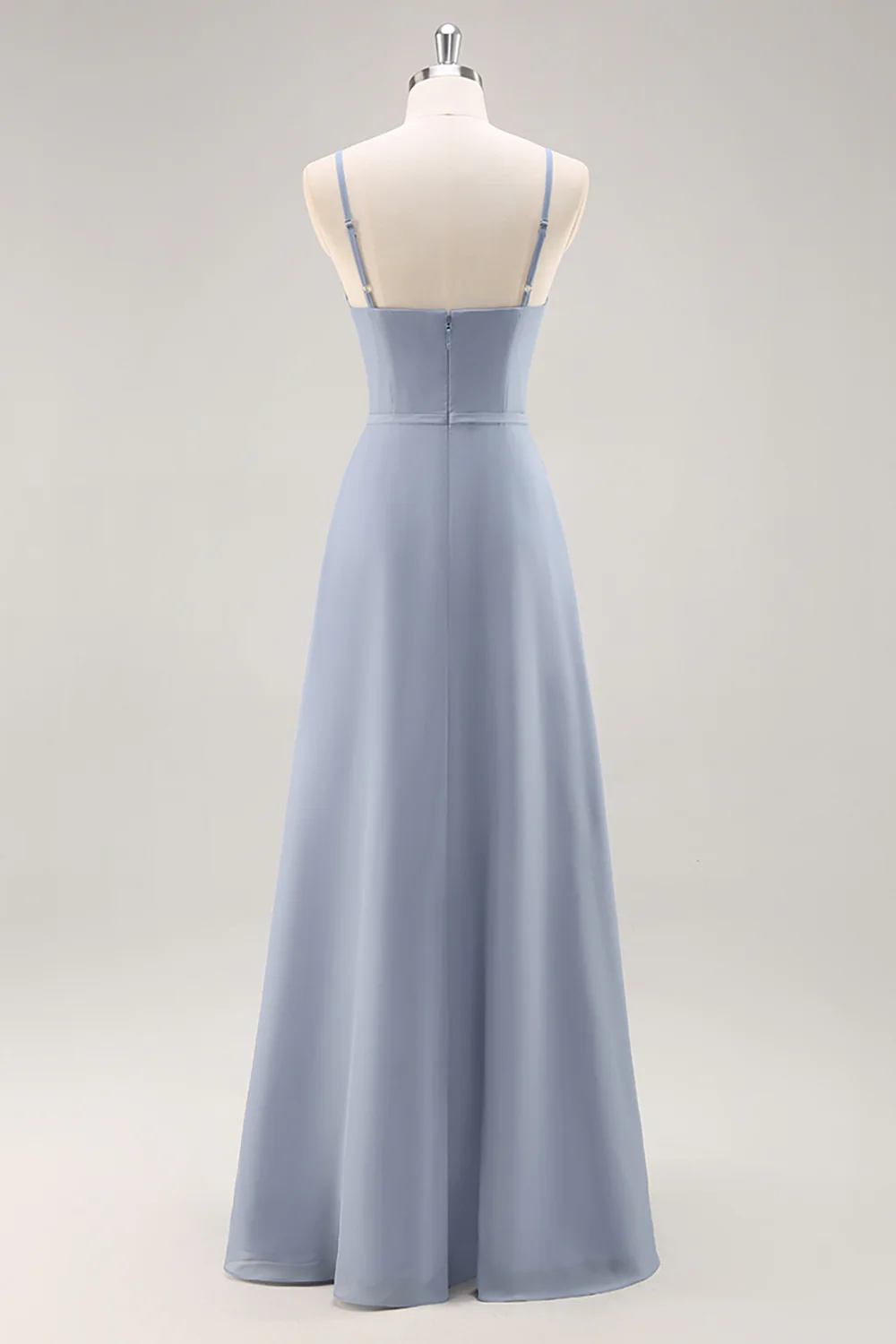 Spaghetti Straps Square Neck Chiffon Bridesmaid Dress with Ruffle Slit Floor Length Formal Evening Gown