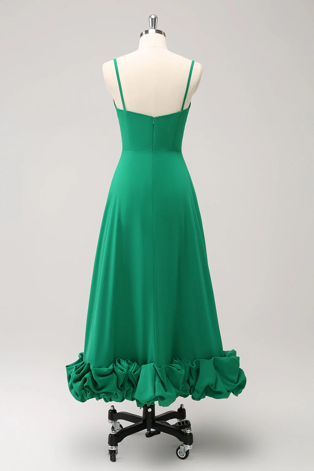 Playful Spaghetti Strap Evening Dress with Ruffled Hem and Midi Length Silhouette