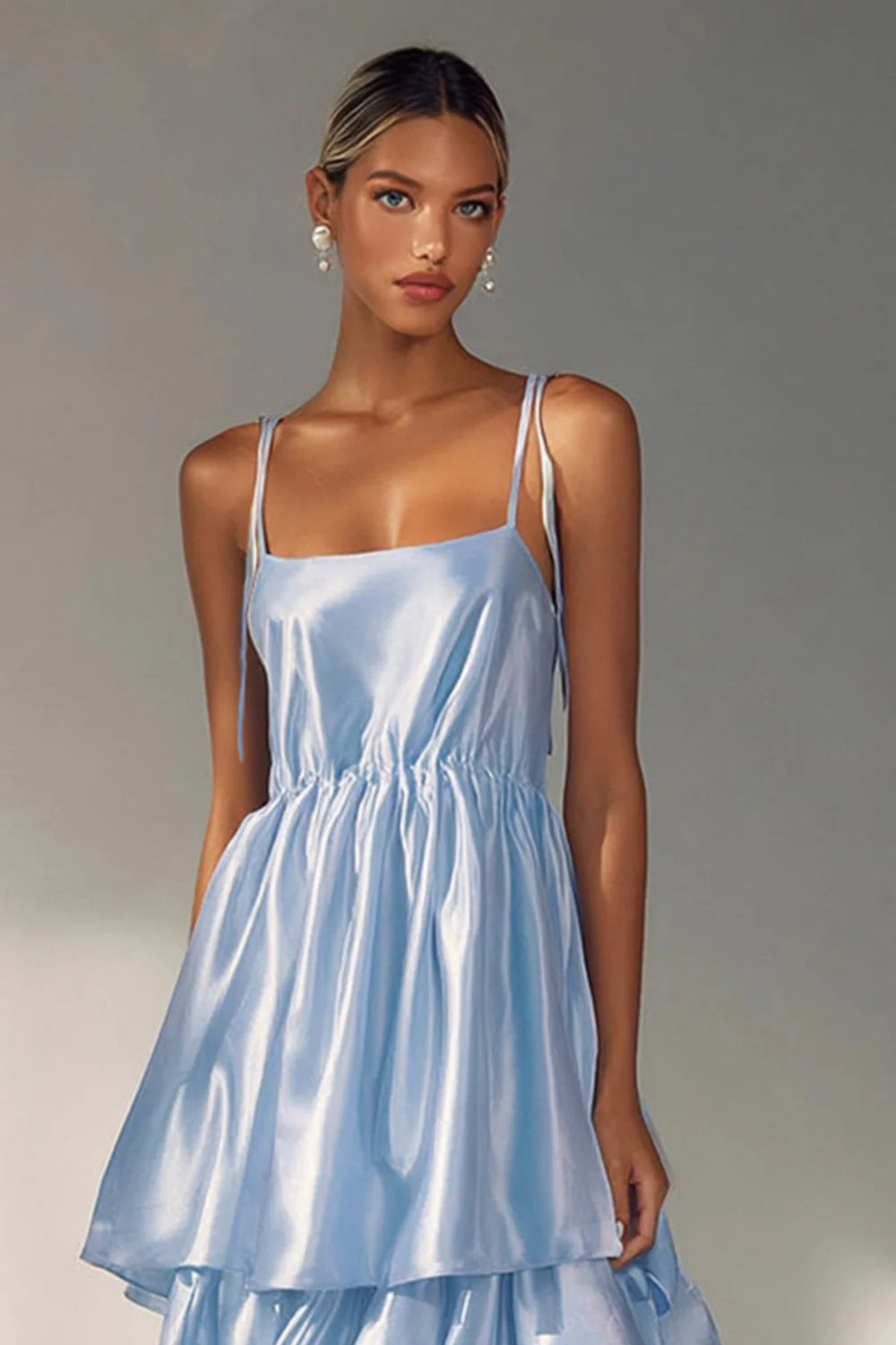 Chic Spaghetti Strap Evening Dress with Tiered Ruffle Satin Skirt