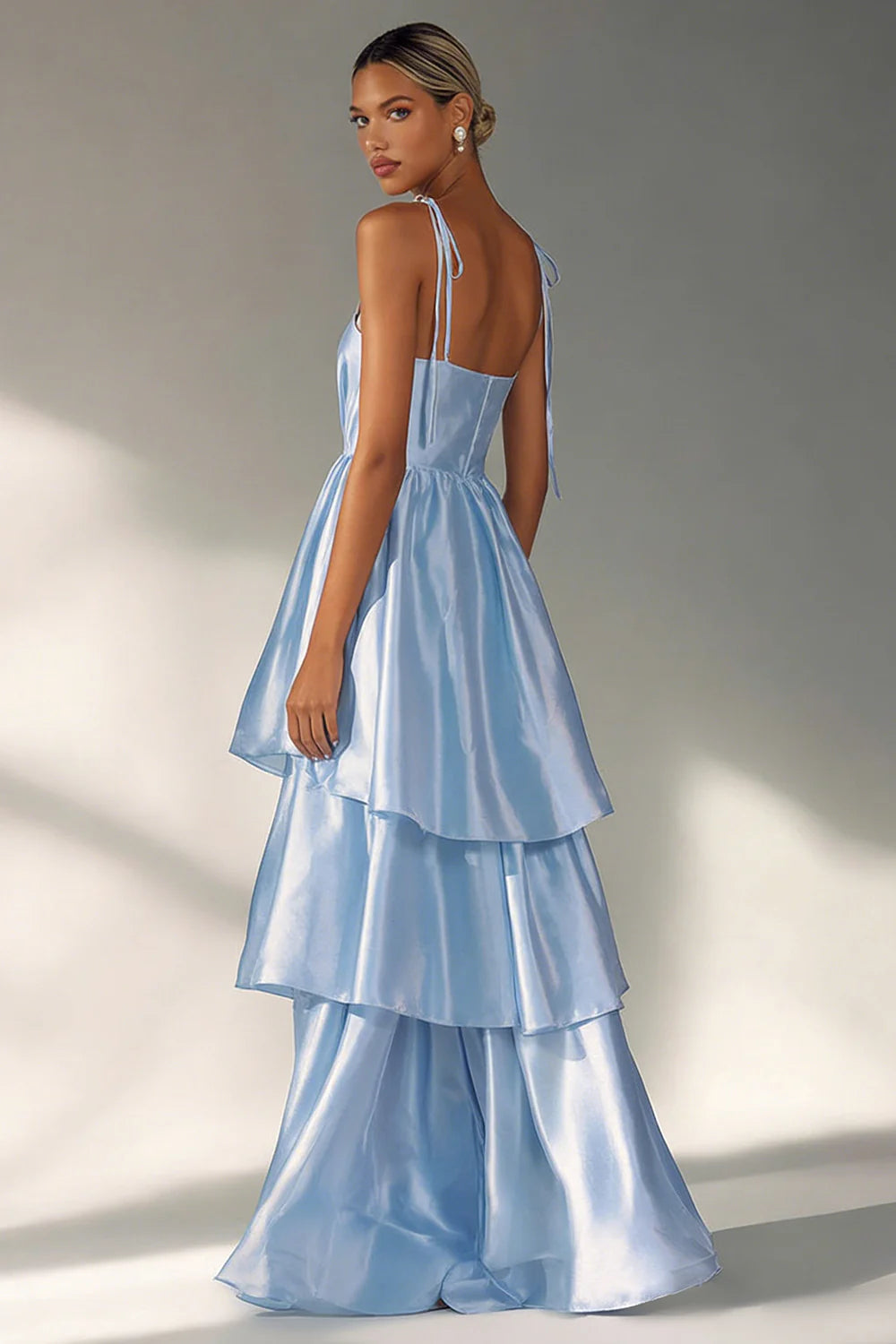 Chic Spaghetti Strap Evening Dress with Tiered Ruffle Satin Skirt