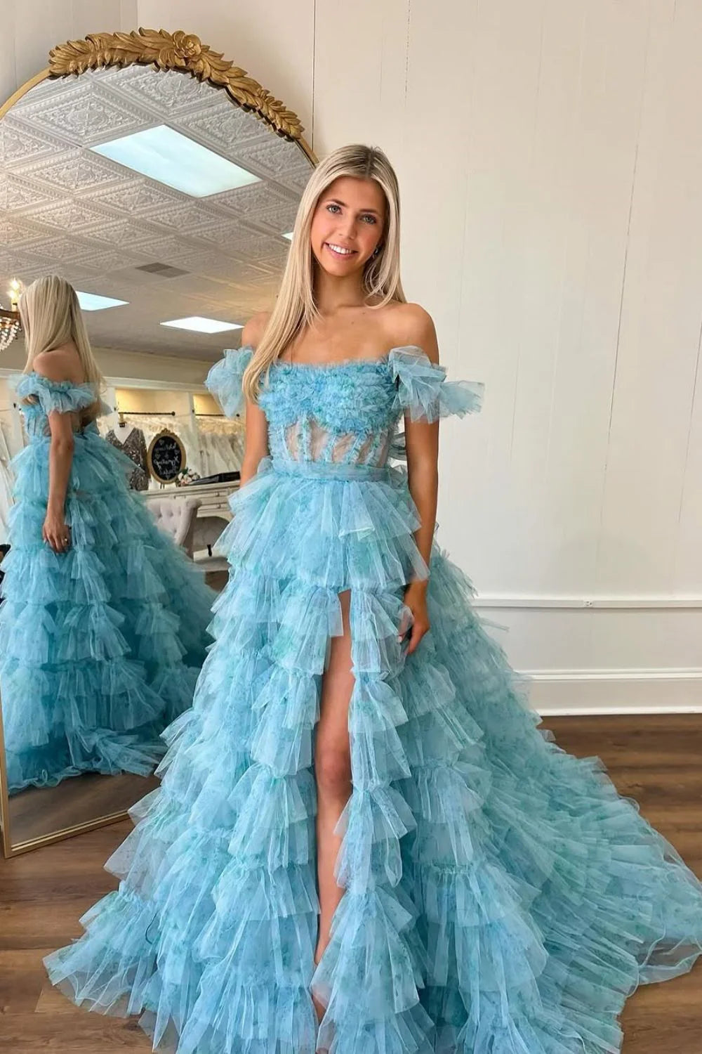 Chic A-Line Off The Shoulder Long Tiered Tulle Prom Dress