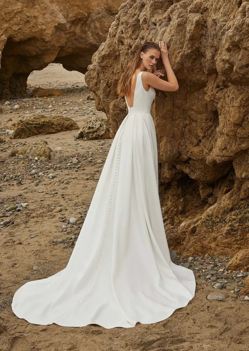 Chic Beach Sexy Simple Satin A-Line Deep V-Neck Sleeveless Low V-Back Floor-Length Wedding Dresses