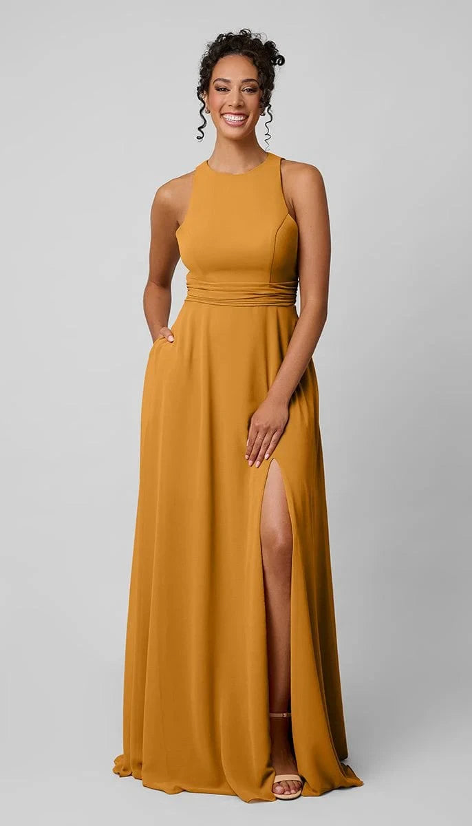 Chic Chiffon A-Line High Neck Sleeveless Open Back Tie Floor-Length Bridesmaid Dresses