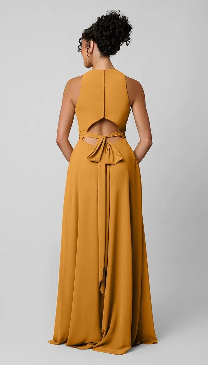 Chic Chiffon A-Line High Neck Sleeveless Open Back Tie Floor-Length Bridesmaid Dresses