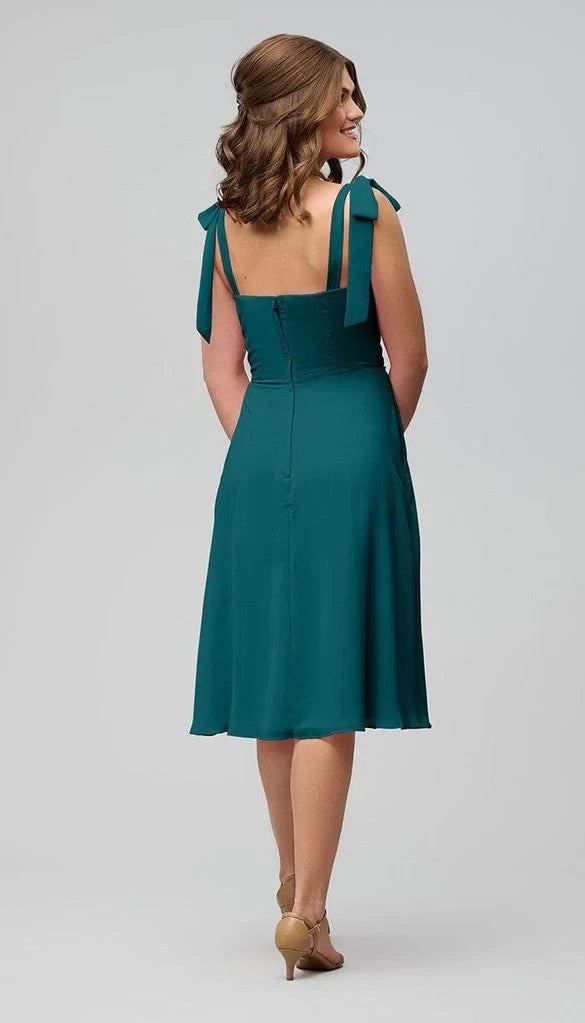 Chic Chiffon A-Line Square Neck Tie-Shoulder Zipper Back Short Midi Bridesmaid Dresses