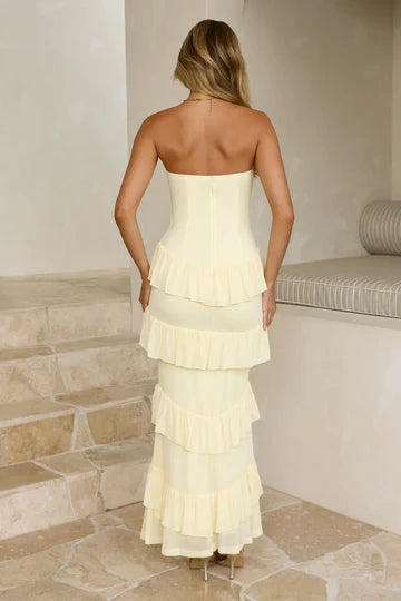 Chic Chiffon Sheath Sweetheart Strapless Straight Back Maxi Tiered Ruffle Evening Dresses